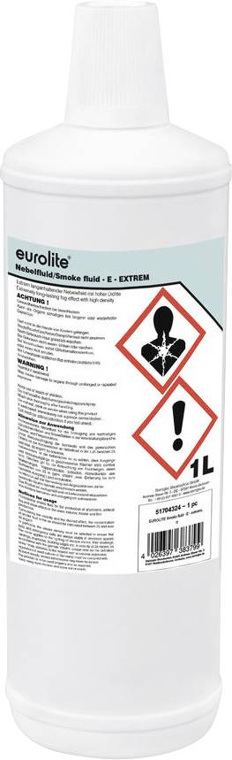 Eine weiße Flasche mit Gefahrensymbolen gekennzeichnet, die darauf hindeuten, dass sie schädlich oder reizend ist. Die Flasche enthält 1 Liter Flüssigkeit.