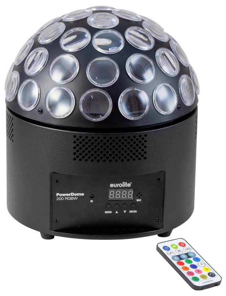 Ein schwarzes, kugelförmiges LED-Diskolicht mit mehreren Linsen, mit der Aufschrift „Eurolite PowerDome 200 RGBW