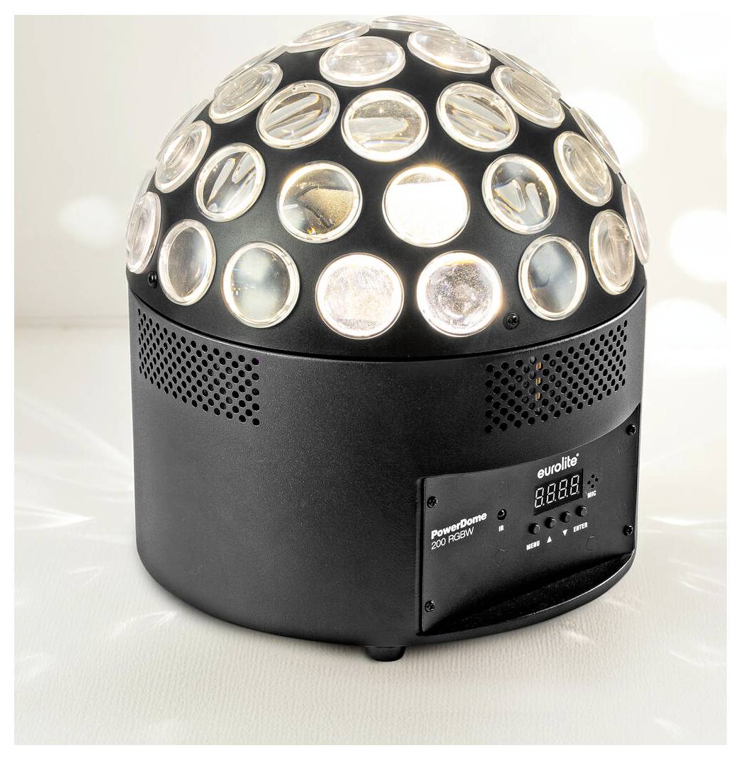 Ein rundes schwarzes Discokugel-Leuchtgerät mit mehreren kreisförmigen Linsen und einem digitalen Display an der Vorderseite, das Lichtmuster auf eine Oberfläche wirft.