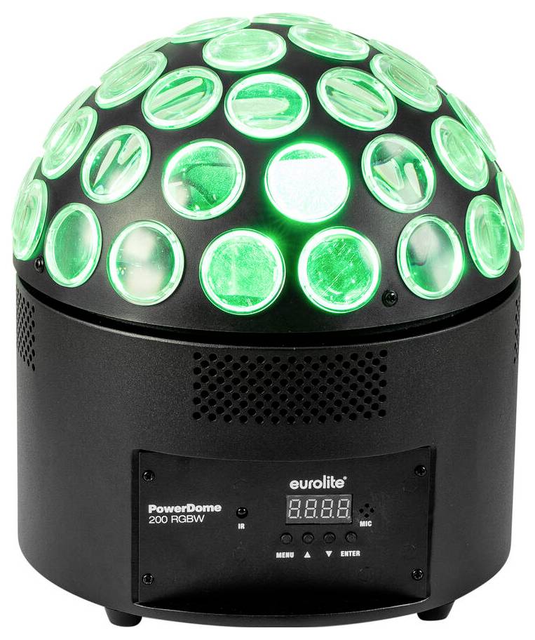 Ein schwarzer kuppelförmiger LED-Lichtprojektor mit mehreren kreisförmigen Linsen, die grünes Licht ausstrahlen, auf der Frontplatte mit der Bezeichnung „PowerDome 200 RGBW