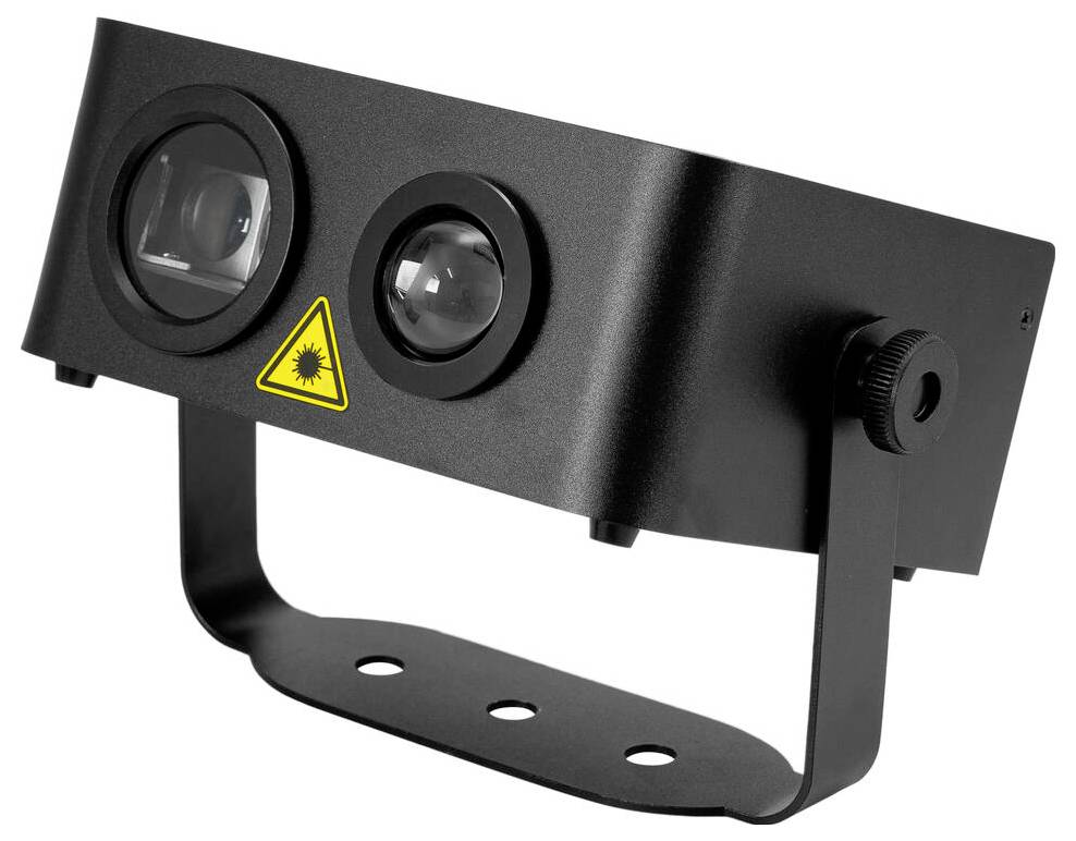 Ein schwarzer, rechteckiger Laserlichprojektor mit zwei Linsen und einem gelben Warnsymbol, das den Laserbetrieb anzeigt.