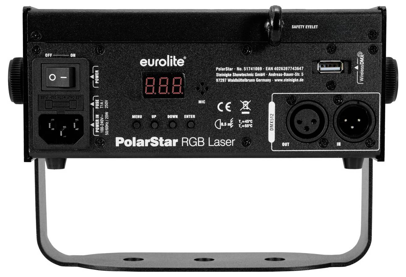 Eurolite PolarStar RGB Laser-Gerät mit digitaler Anzeige, Steuertasten und verschiedenen Ein-/Ausgängen für Sound- und Stromversorgungsanschlüsse.