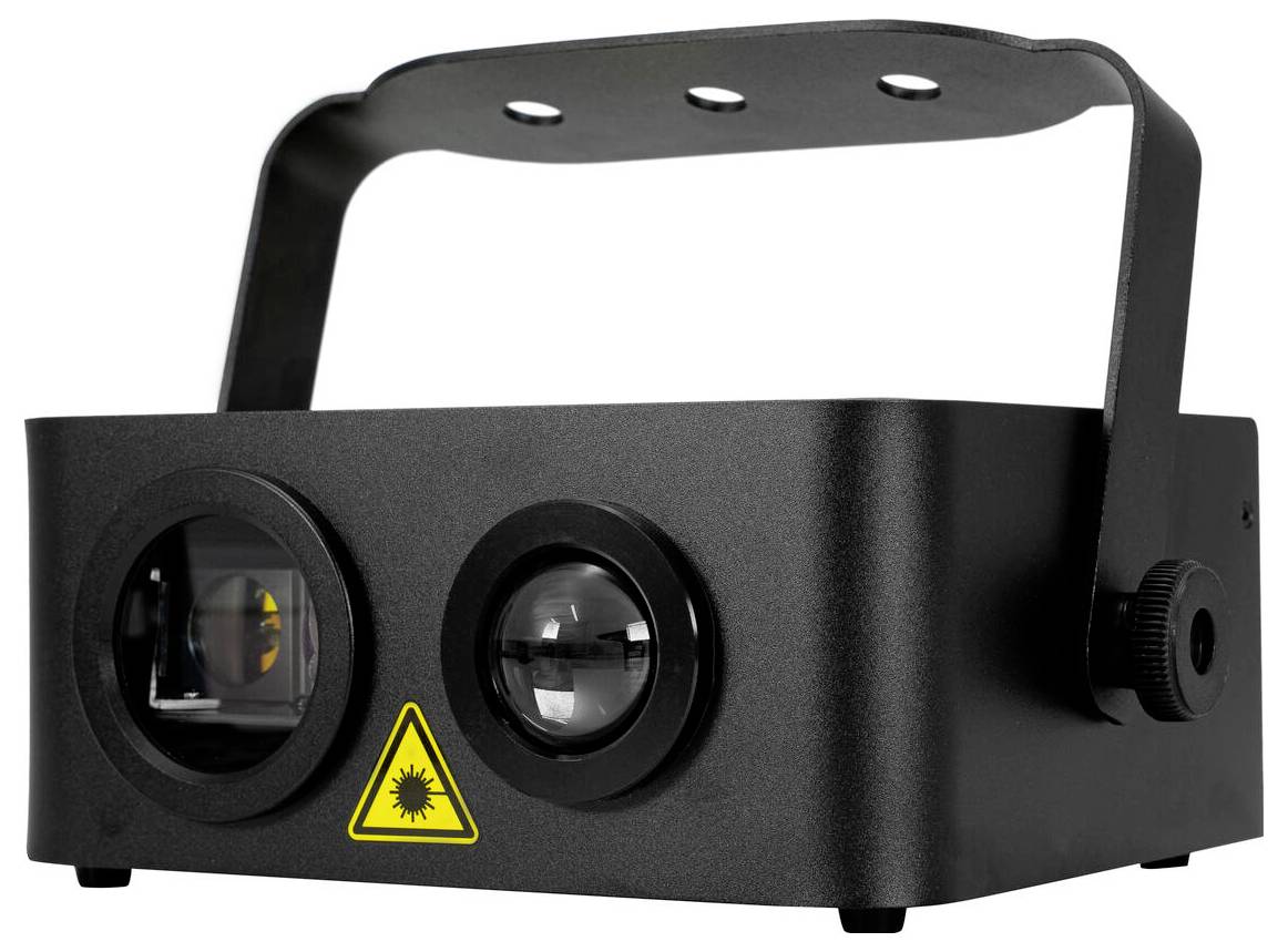 Ein schwarzer Laserprojektor mit einer verstellbaren Halterung, mit zwei Linsenöffnungen und einem Warnschild, das auf die Laserausgabe hinweist.