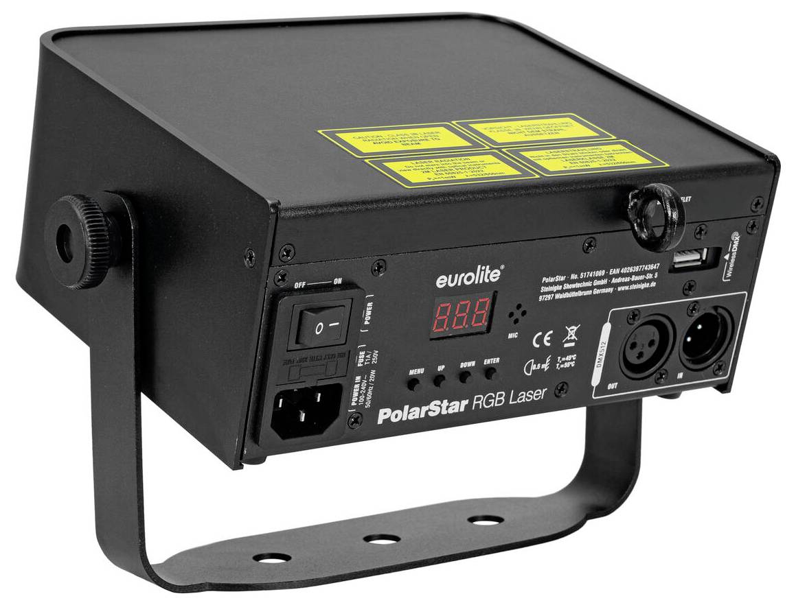 Ein schwarzer Bühnenlaserlicht mit der Bezeichnung „PolarStar RGB Laser