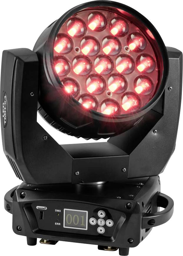 Ein Bewegungskopf-Bühnenscheinwerfer mit mehreren roten LED-Leuchtmitteln, in einem schwarzen Gehäuse gezeigt, auf weißem Hintergrund präsentiert.