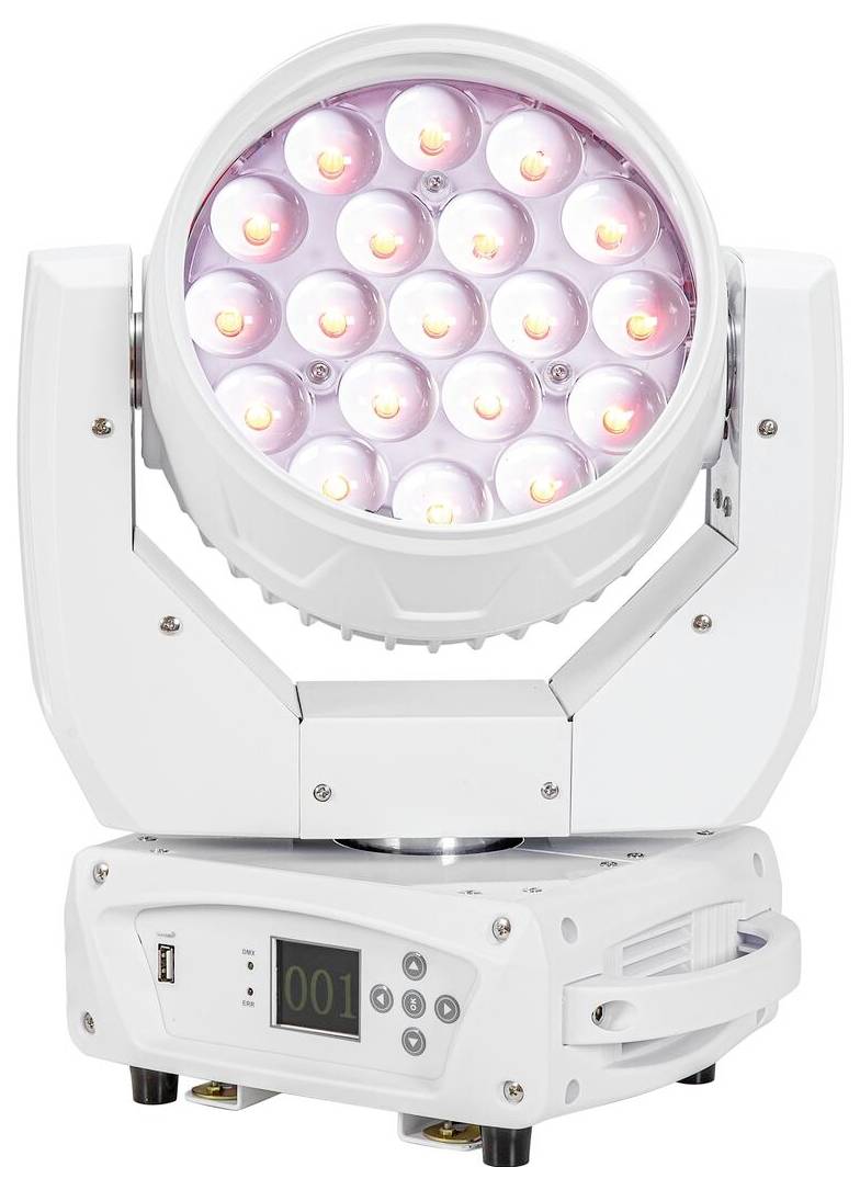 Ein weißes Bühnenlicht mit mehreren LED-Lampen und einem verstellbaren Kopf sitzt auf einem Standfuß und verfügt über ein digitales Display mit der Nummer 