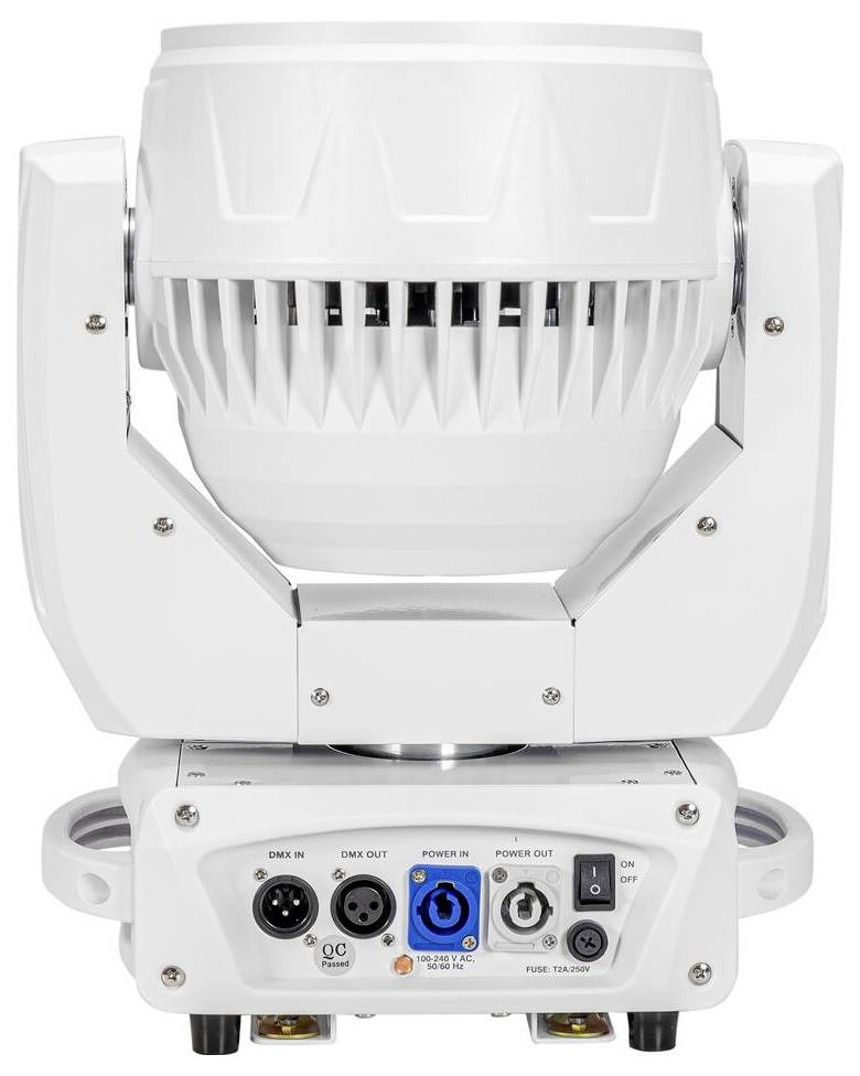 Eine weiße LED-Moving-Head-Leuchte mit DMX- und Stromversorgungsein-/ausgangsverbindungen an der Basis, die für Bühnenleuchtanwendungen verwendet wird.