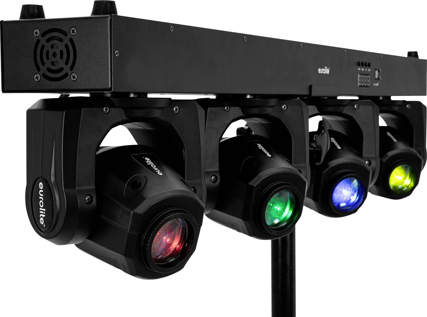 Bühnenlichtausrüstung mit vier farbigen Spotlights (rot, grün, blau, gelb) auf einer schwarzen Metallstange montiert, verwendet für Veranstaltungsbeleuchtung.