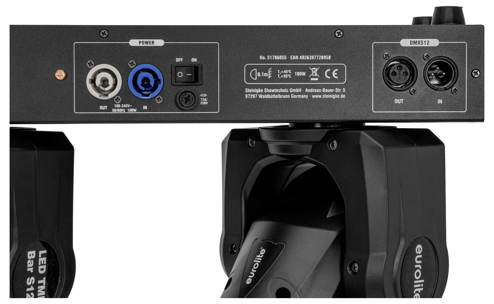 Rückseite der Beleuchtungsausrüstung mit Stromversorgung und DMX512-Anschlüssen, Schaltern und Modellinformationen. Eurolite-Markenetikett sichtbar.