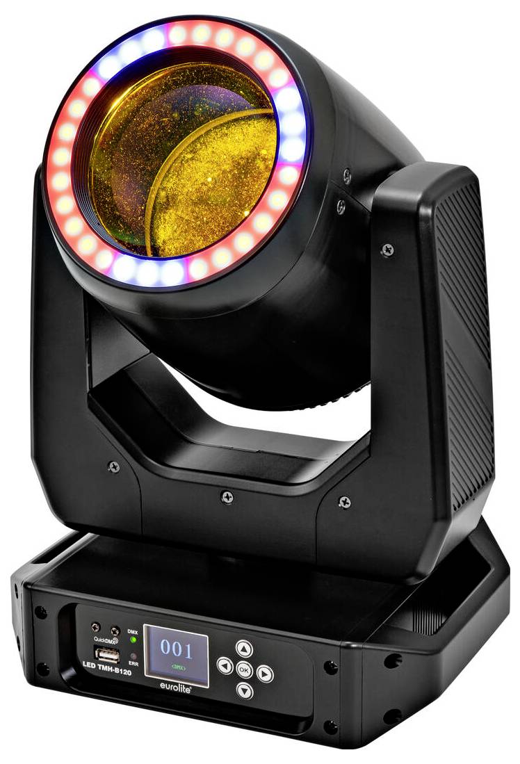 Ein schwarzes LED-Bühnenlicht mit großer, runder Linse und einem Bedienfeld an seiner Basis, auf dem „LED TIME-6100