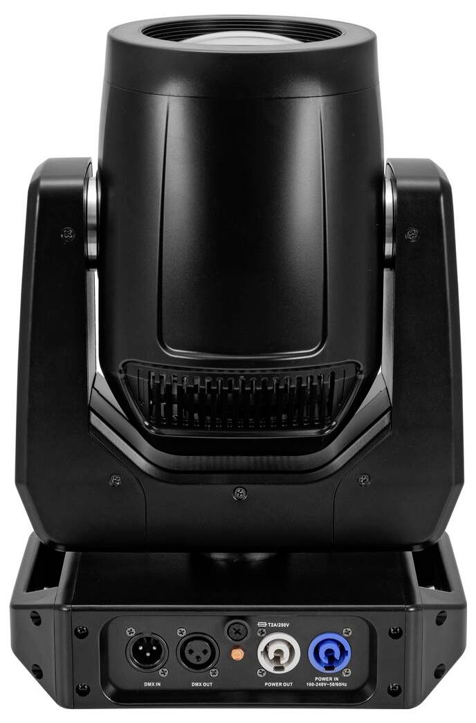 Ein schwarzer Bühnenscheinwerfer mit Moving-Head-Design und vorderen Kühlungsöffnungen. Die Basis verfügt über elektrische Anschlussanschlüsse und Datenverbindungsanschlüsse.