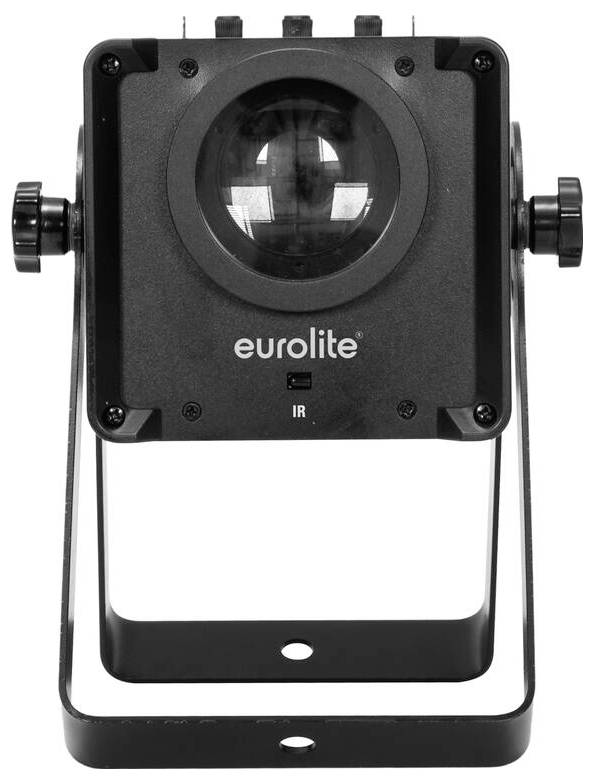 Ein schwarzer Eurolite LED-Scheinwerfer mit großer Linse und Befestigungshalterung, geeignet für Bühnenlighting und Veranstaltungsbeleuchtung.