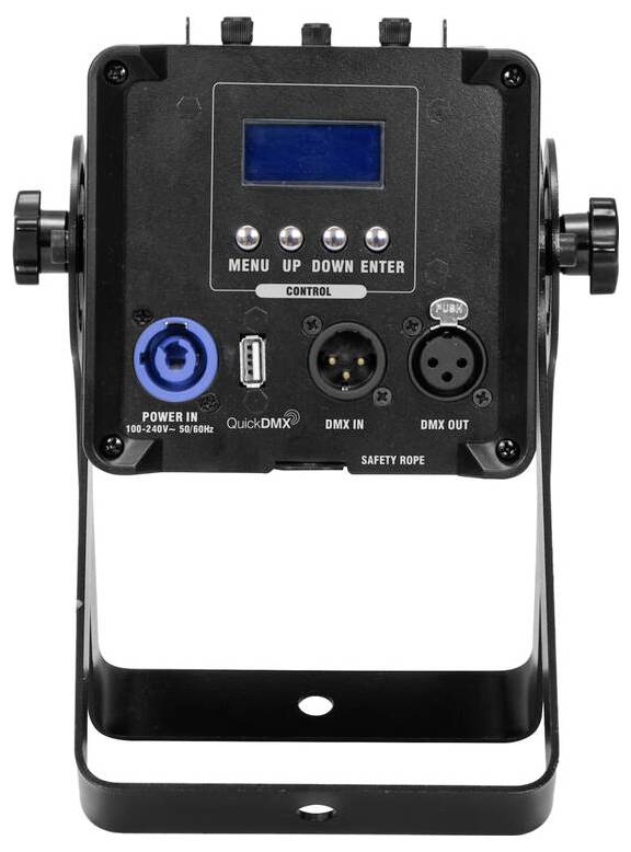 Beleuchtungssteuerfeld mit Schaltflächen mit den Beschriftungen Menü, Nach oben, Nach unten, Eingabe. Verfügt über Stecker für Stromversorgung, DMX Ein/Aus und USB-Anschluss.