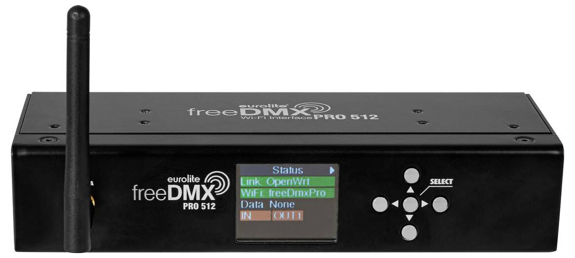 Schwarzes Eurolite freeDMX pro 512 Gerät mit einer Antenne und einem vorderen Display, das Status-, Link- und Datenoptionen anzeigt.