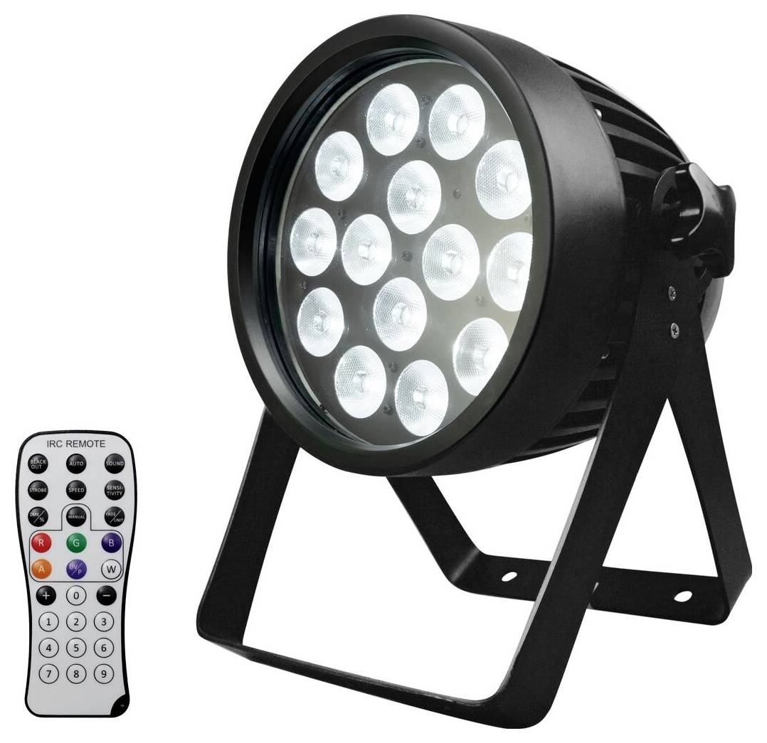 Bühnenleuchte mit Stativ mit mehreren LED-Leuchten, enthält eine Fernbedienung mit verschiedenen farbigen Tasten zur Lichtanpassung.