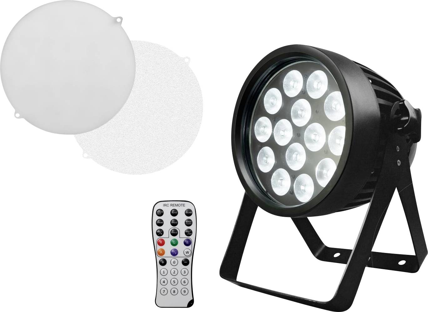 Tragbares LED-Bühnenlicht mit Ständer, Fernbedienung und austauschbaren Filterblenden. Geeignet für Veranstaltungen und verstellbare Lichtstimmungen.
