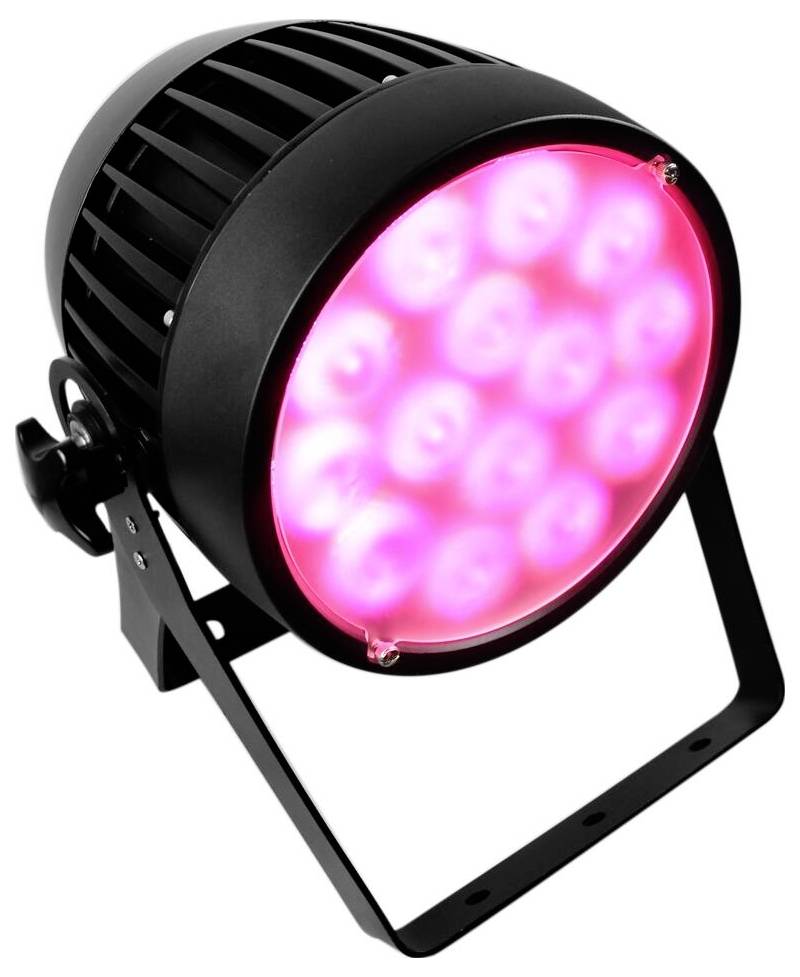 Ein schwarzes Bühnenlicht mit einer kreisförmigen Anordnung von rosa LED-Lichtern, die leicht nach unten geneigt sind, auf einem verstellbaren Ständer zur Positionierung montiert.