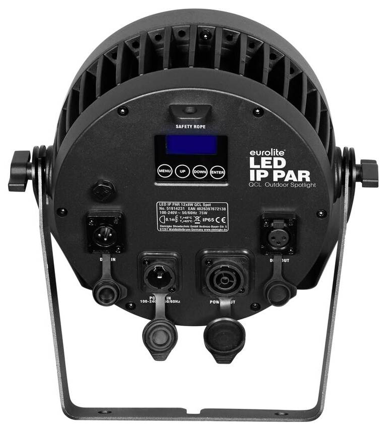 Ein Eurolite LED IP PAR Außenstrahler mit digitaler Anzeige, Steuertasten und verschiedenen Ein-/Ausgängen prominent auf der Rückseite sichtbar.
