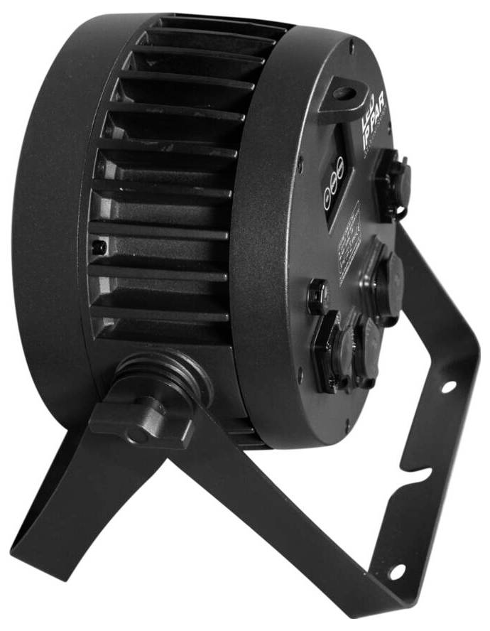 Ein schwarzes Bühnenlicht mit kreisförmigem, gerilltem Design, das auf einer Metallhalterung montiert ist und häufig für Theater- oder Konzertbeleuchtung verwendet wird.