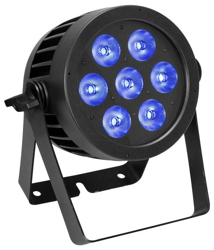 Ein rundes schwarzes LED-Bühnenlicht mit sieben blau leuchtenden Glühbirnen, das auf einem verstellbaren Ständer montiert ist.