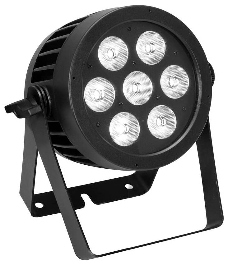 Ein schwarzes Bühnenlicht mit sieben LED-Lampen, die kreisförmig angeordnet sind, montiert auf einem Metallständer mit verstellbarer Halterung.