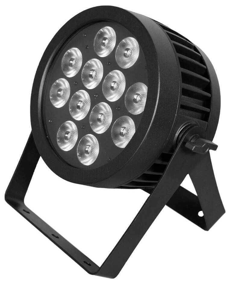 Schwarze LED-Bühneleuchte mit zwölf runden LED-Birnen, montiert auf einem verstellbaren Ständer. Konzipiert für Event- oder Bühnenleuchtung.