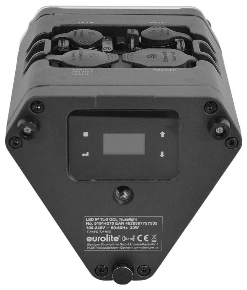 Schwarze LED-Spotlicht-Leuchte mit Bedienfeld und Anschlussanschlüssen. Das Modellschild liest 