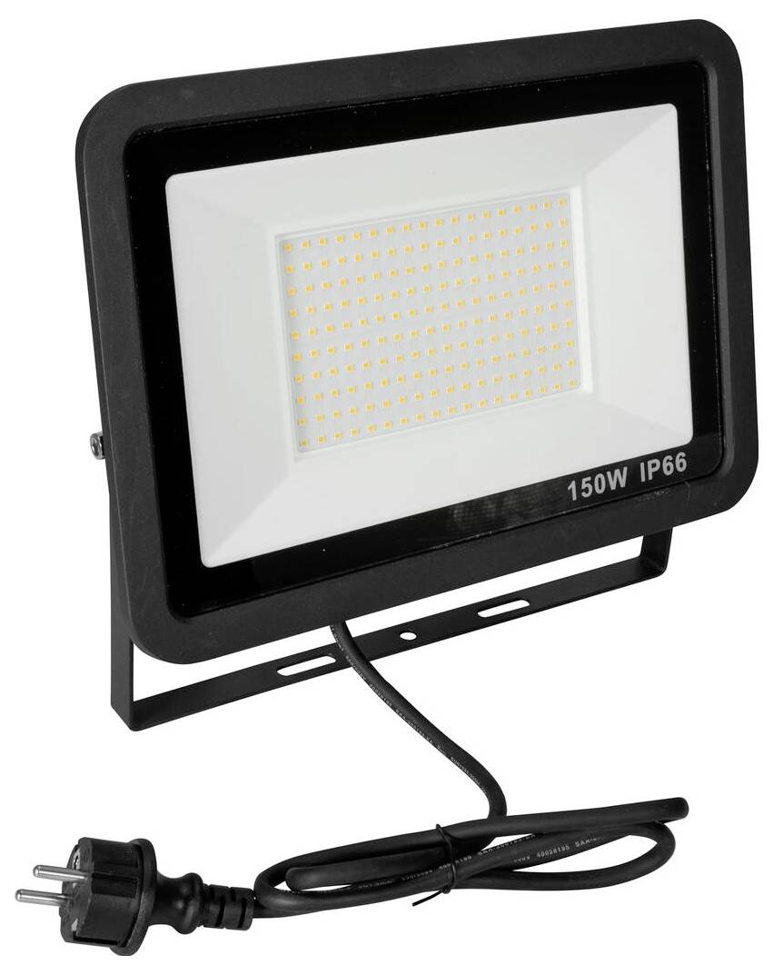 Ein schwarz-weißes LED-Flutlicht mit einer Nennleistung von 150W und IP66-Schutzart, mit rechteckigem Design und einem Stromkabel mit Stecker.