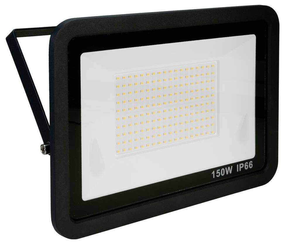 Ein rechteckiges, schwarzes LED-Flutlicht mit der Bezeichnung „150W IP66