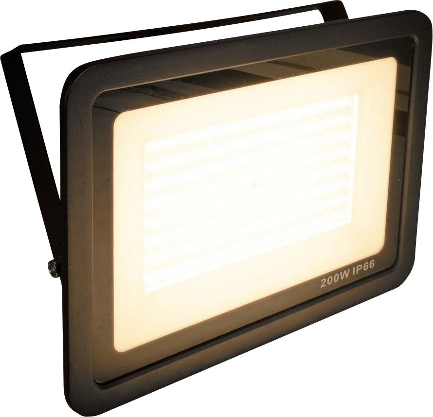 Ein rechteckiges LED-Flutlicht mit schwarzem Rahmen, das sanft leuchtet. Das Licht ist mit „200W IP66