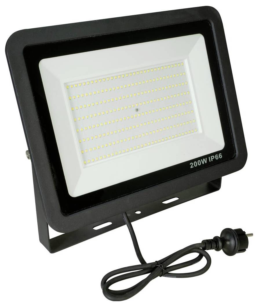 Eine schwarze 200W LED-Flutlichtleuchte mit IP66-Schutzart, ausgestattet mit einem Gitter aus LED-Lichtern und einem Stromkabel mit Stecker, geeignet für den Außenbereich.
