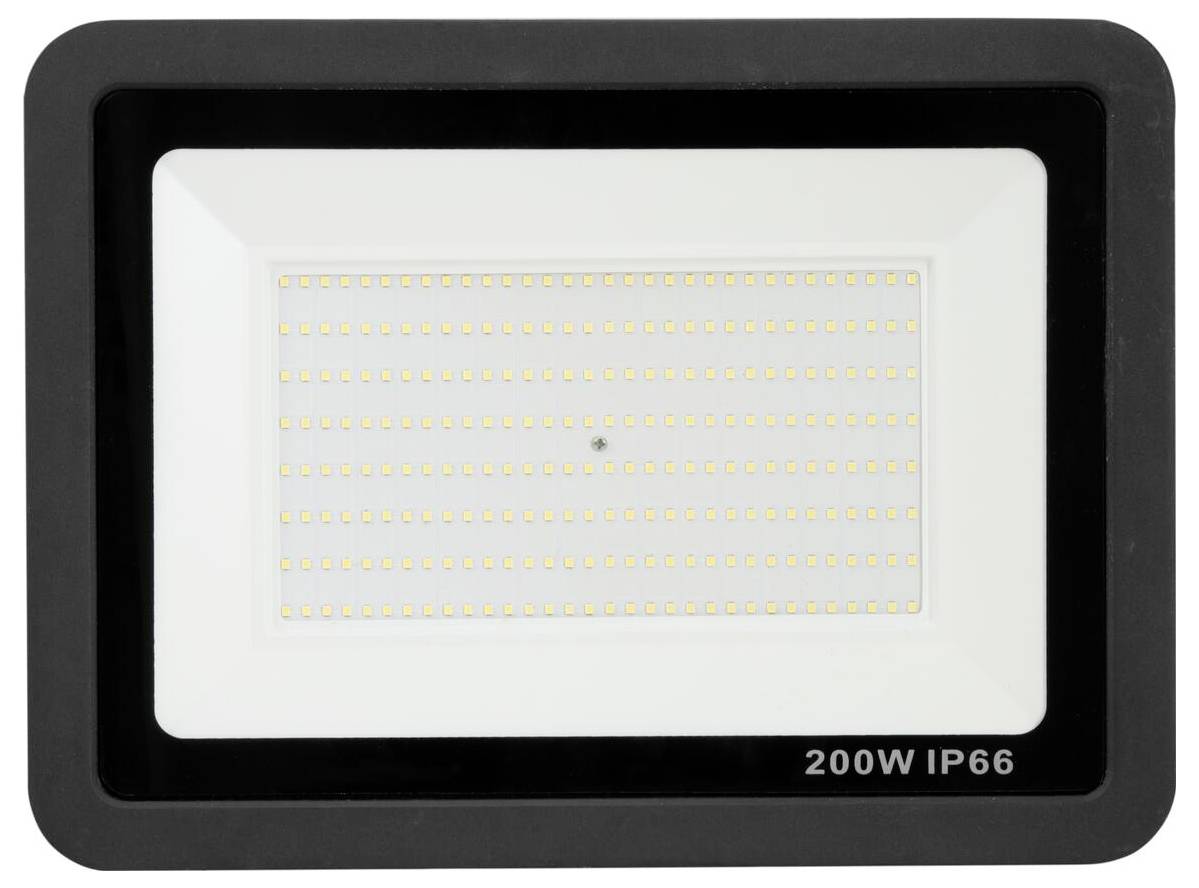Ein LED-Flutlicht in einem rechteckigen Rahmen mit „200W IP66