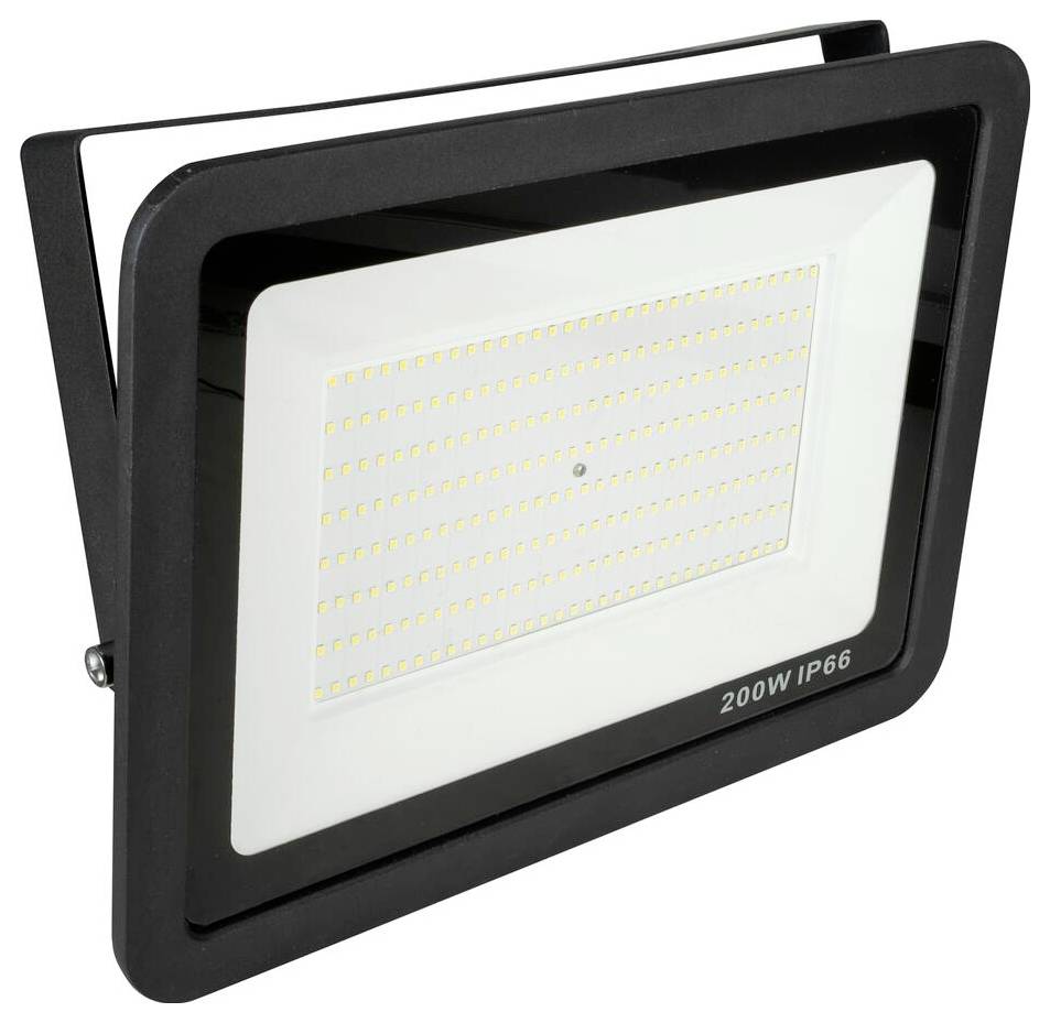 Ein schwarzer 200W IP66 LED-Flutlicht mit mehreren LED-Glühbirnen, konzipiert für den Außeneinsatz.