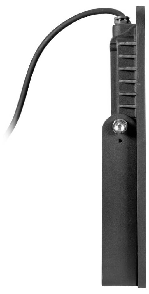 Seitenansicht eines rechteckigen elektronischen Geräts mit einem Kabel, das von oben hervorsteht. Das Gerät scheint Belüftungsschlitze zu haben.