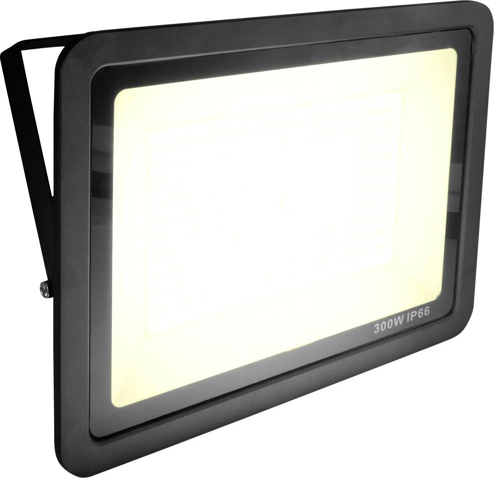 Ein schwarzes rechteckiges LED-Flutlicht mit der Bezeichnung „300W IP66