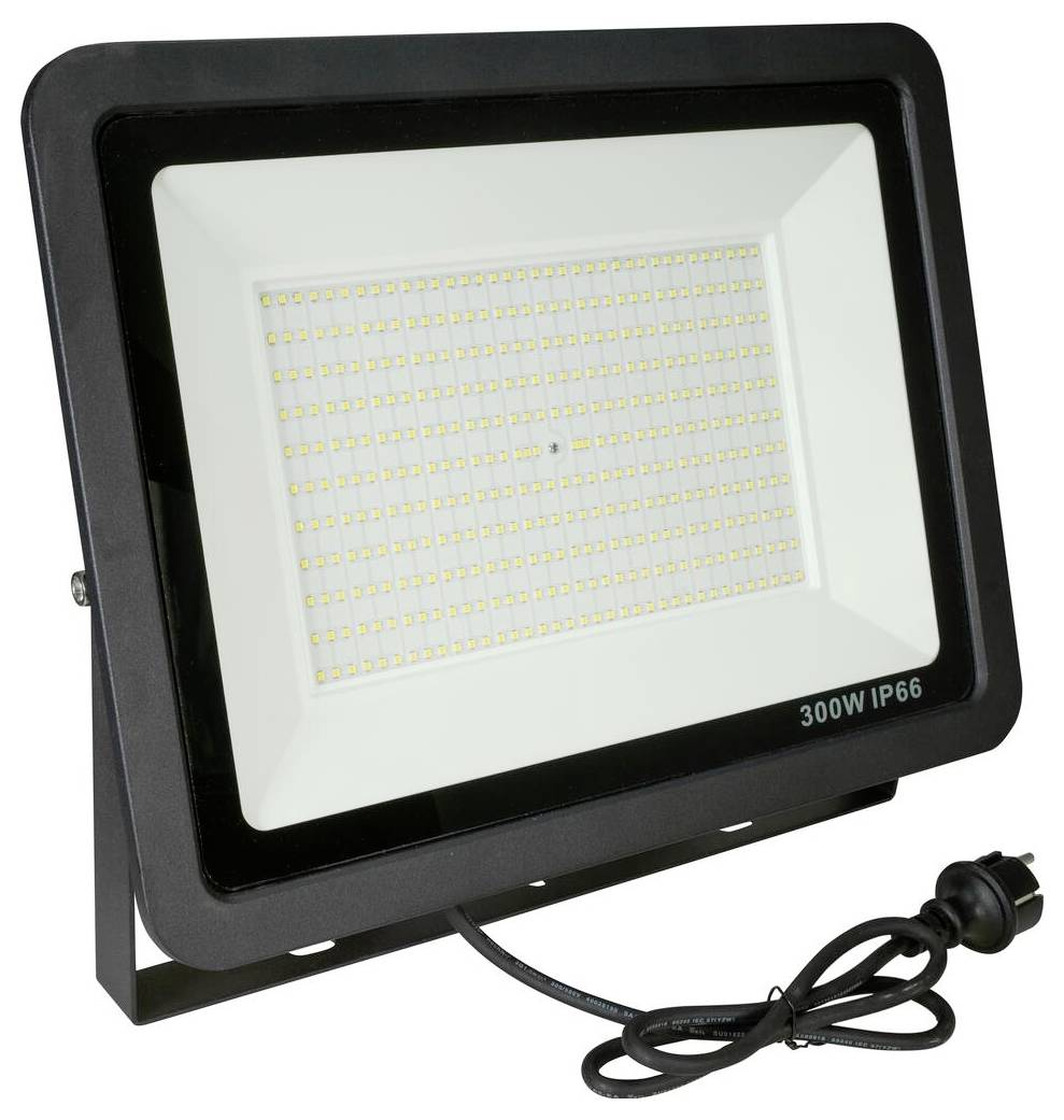 Ein schwarzer 300-W-Flutlichtstrahler mit IP66-Schutzart, der ein großes Array von LED-Leuchten mit in Reihen angeordneten Glühbirnen aufweist; ein Stromkabel mit Stecker ist angebracht.