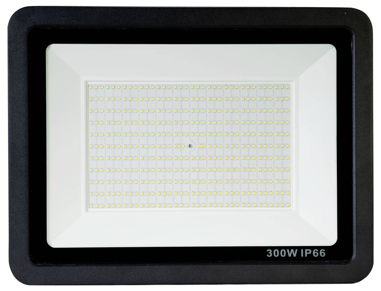 Ein schwarzes rechteckiges 300W IP66 LED-Flutlicht mit einem Gitter aus LED-Leuchten in der Mitte, geeignet für den Außeneinsatz und bietet hohe Helligkeit.