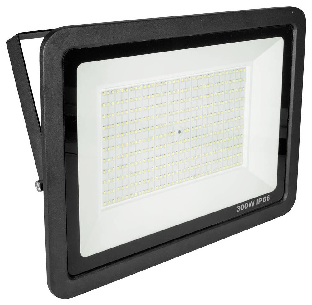 Ein 300W IP66-LED-Flutlicht mit rechteckigem Rahmen, mit zahlreichen kleinen LED-Lampen, die in einem Gitter angeordnet sind. Geeignet für den Außenbereich.