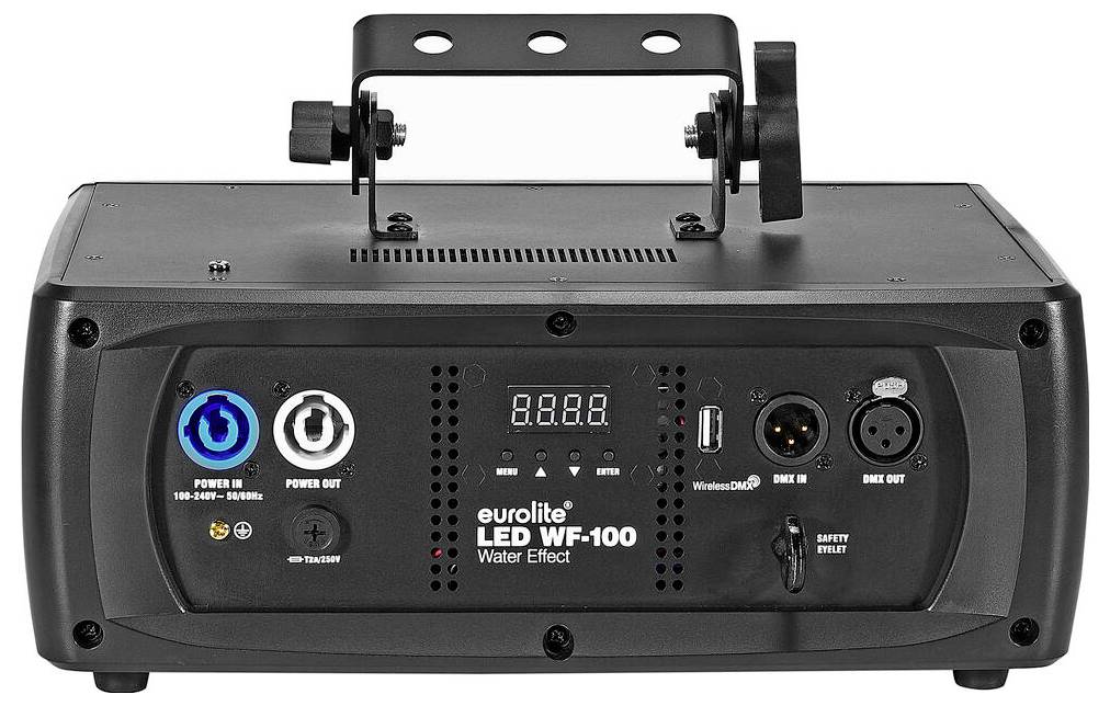 Eurolite LED WF-100 Lichteffektgerät mit Bedienfeld, einschließlich Stromein- und -ausgängen, DMX-Schnittstelle und Sicherheitsschalter.