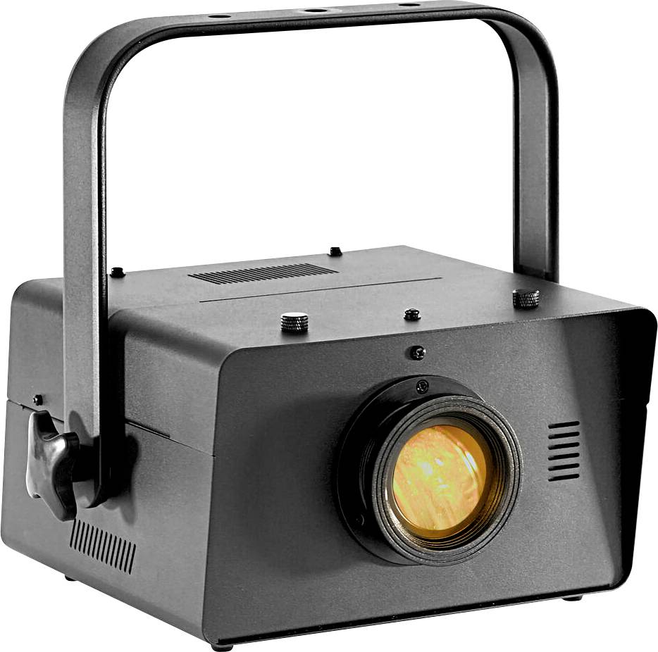 Ein schwarzer Bühnenscheinwerfer mit einem Griff und einer orange Linse nach vorne gerichtet.