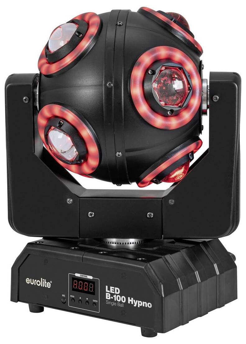 Ein schwarzes Eurolite LED B-100 Hypno-Gerät mit rot beleuchteten Abschnitten, angezeigt auf einem Sockel mit digitalen Steuerelementen.