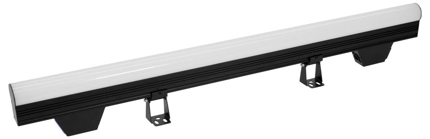 Eine lange, zylindrische LED-Leuchte mit weißem Diffusor, montiert auf zwei schwarzen Halterungen.