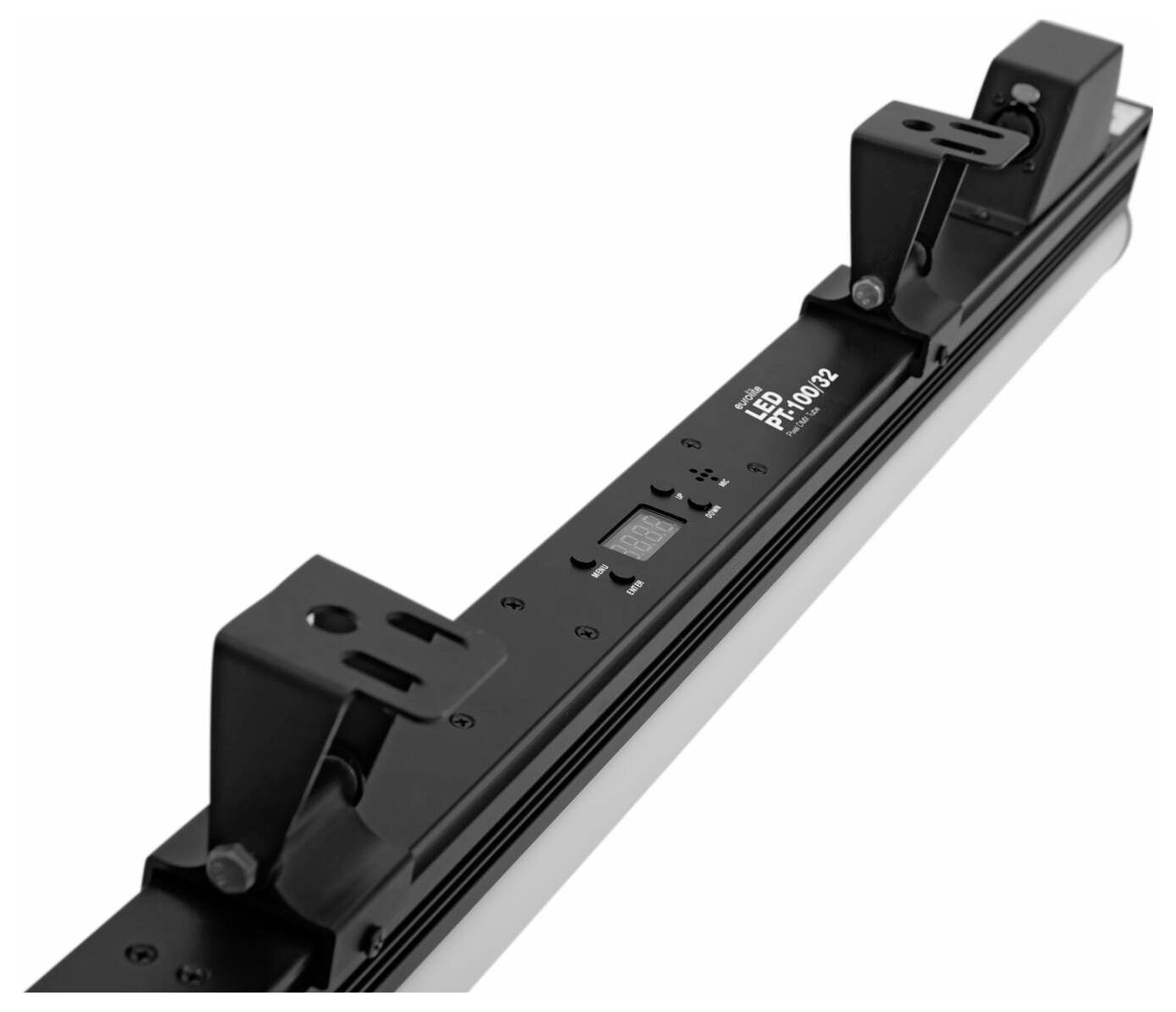 Eine schwarze Beleuchtungsleiste mit Montagehalterungen und Schaltern auf ihrer Oberfläche, gekennzeichnet mit 'LED PR1500Z'.
