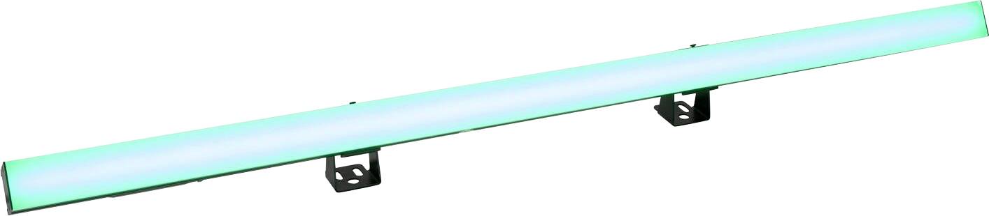 Ein langes, schlankes LED-Lichtband mit hellem Cyan-Glühen, montiert auf einem schwarzen Ständer vor einem einfachen weißen Hintergrund.