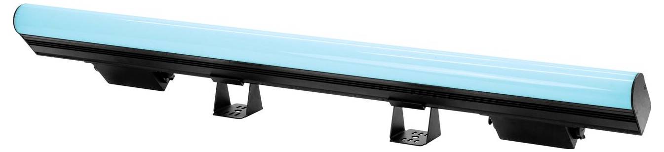 Eine lange, blaue LED-Leuchte mit schwarzer Basis, montiert auf drei Stützhalterungen.