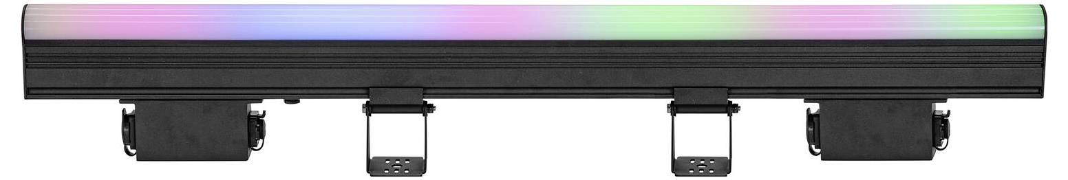 Eine schwarze Schiene mit farbigen LED-Leuchten oben, unterstützt durch drei Montageklammern darunter, wahrscheinlich für Bühnen- oder Veranstaltungsbeleuchtung verwendet.