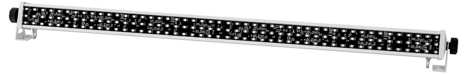Eine lange, schmale, rechteckige LED-Leuchtenleiste mit Befestigungsklammen an jedem Ende, mit Reihen von hellen Leuchten auf schwarzem Hintergrund.