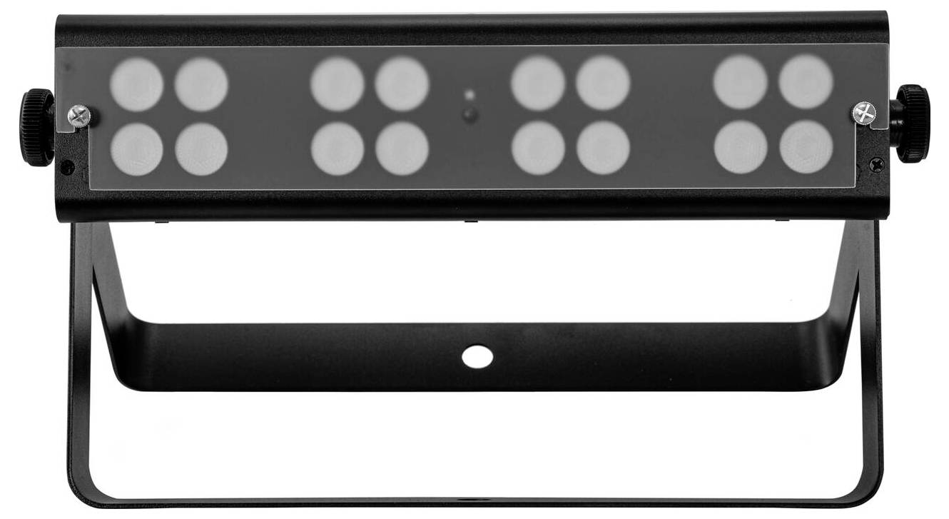Rechteckiges schwarzes Bühnenlicht mit zwei Sätzen von je vier kreisförmigen LED-Arrays, auf einer verstellbaren Halterung montiert.