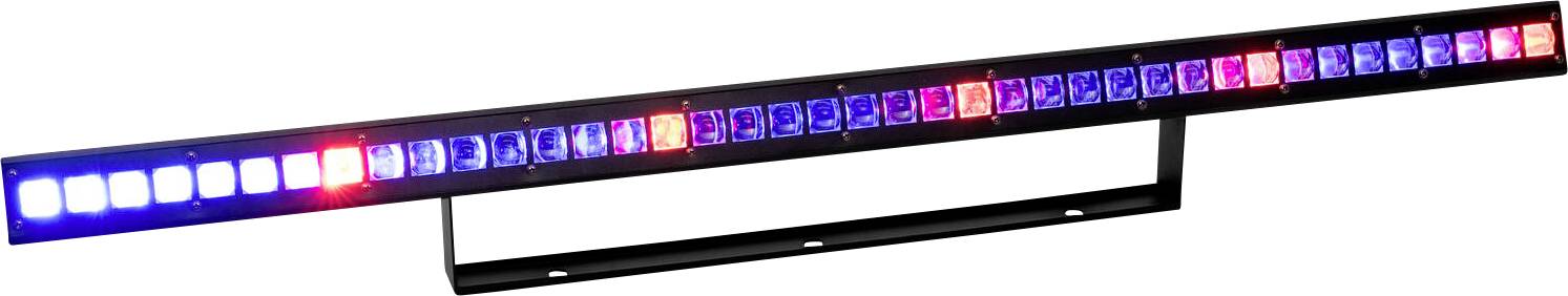 Blaulicht-Leuchtbalken für Einsatzfahrzeuge mit alternierenden roten und blauen LED-Leuchten auf schwarzem Rahmen, verwendet zur Signalisierung und zu Sicherheitszwecken.