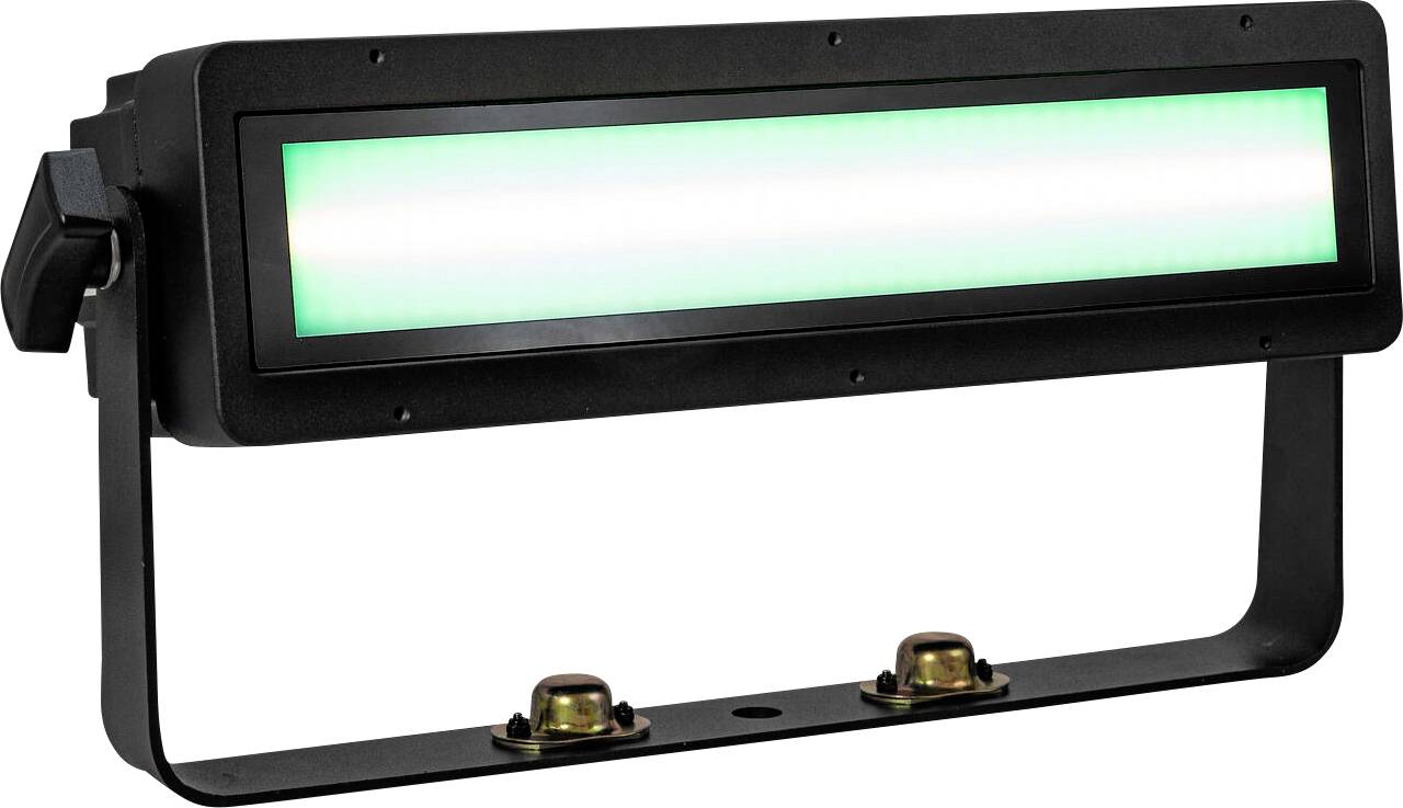 Ein rechteckiges LED-Leuchtpanel mit hellem grünem Glühen, montiert auf einer schwarzen verstellbaren Halterung, geeignet für Bühnen- oder Displaybeleuchtung.